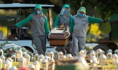 Trabajadores del cementerio Campo de Esperanza entierran a una víctima de covid-19 este jueves, en Brasilia (Brasil). | EFE