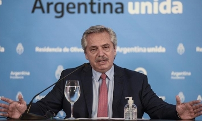 El presidente argentino Alberto Fernández pronuncia un discurso. | AFP
