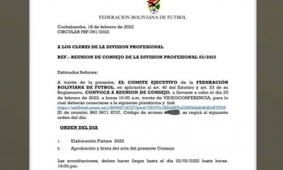 Comunicado que envió la FBF a los clubes de la división profesional.
