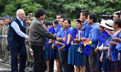 Presidente Evo Morales acompañado de Neven Mimica, Comisario Europeo. Foto: ABI