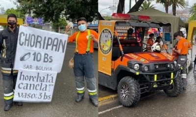 Bomberos voluntarios del SAR-Bolivia, vendiendo choripanes en el Día del Peatón.