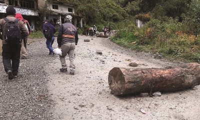 Piedras en la carretera, altura Unduavi, Sud Yungas, La Paz.