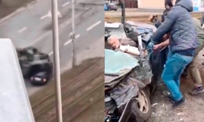 Momento del impacto entre el tanque y el auto (i), personas ayudan al conductor (d). Capturas de video