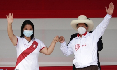 Los candidatos presidenciales Keiko Fujimori y Pedro Castillo, en Cajamarca, Perú, 1 de mayo de 2021