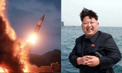 Izquierda: ensayo balístico de Corea del Norte. Derecha: Kim Jong-un, el dictador norcoreano. 