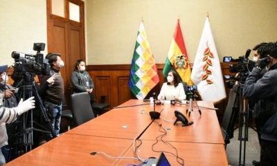 La canciller Karen Longaric en conferencia de prensa. | Archivo | MRE Bolivia