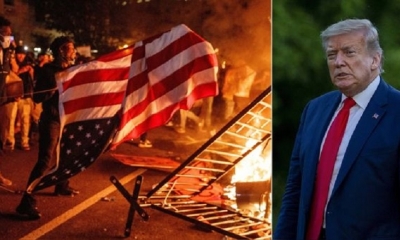 Izquierda: protestas afuera de la Casa Blanca. Derecha: Donald Trump, presidente de los Estados Unidos.