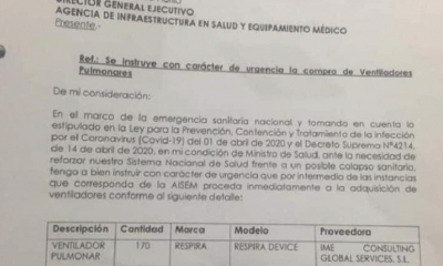 La carta enviada por el ministro de Salud, Marcelo Navajas, Autorizando la compra de los respiradores.