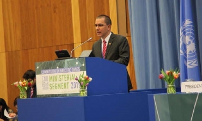 Exposición de Jorge Arreaza en reunión de la ONU. | Fuente: Cancillería de Venezuela