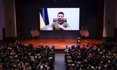El presidente ucraniano, Volodimir Zelenski, habla ante el Congreso de Estados Unidos. 