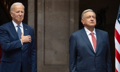 El presidente Andrés Manuel López Obrador recibe a su homólogo de EE. UU., Joe Biden, en Palacio Nacional, Ciudad de México, 9 de enero de 2023.