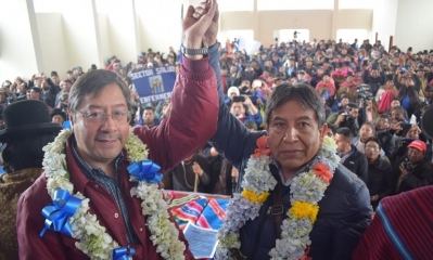 El candidato a la presidencia por el MAS-IPSP, Lucho Arce y David Choquehuanca