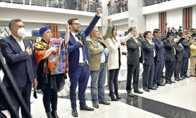 Los actuales ministros del presidente Luis Arce, durante la ceremonia de posesión, en la Casa Grande del Pueblo.