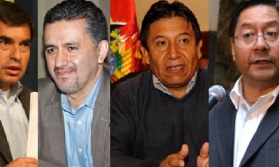 Juan Ramón Quintana, Sacha Llorenti, David Choquehuanca y Luis Arce/Foto. Kandire