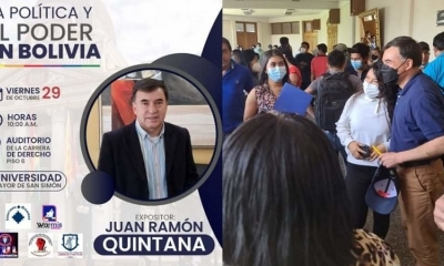 Juan Ramón Quintana (d), con algunos de los estudiantes de Derecho de la UMSS. Gentileza