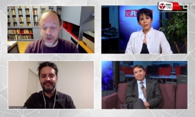 El politólogo Marcelo Silva y la directora de La Razón y Extra Claudia Benavente en el set del programa Piedra, Papel y Tinta.