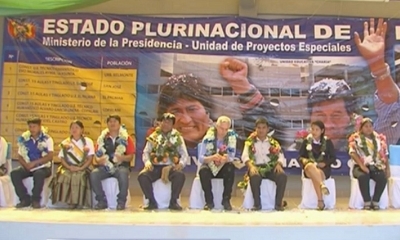 Acto de entrega de una Unidad Educativa en la comunidad Copalani del municipio La Asunta, en la provincia Sud Yungas de La Paz. Foto: RRSS