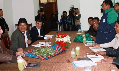 Evo Morales, Juan Ramón Quintana y los dirigente de Chamaca/Foto. ABI