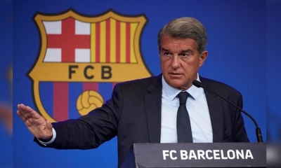 El presidente del FC Barcelona, Joan Laporta, en rueda de prensa. | EFE