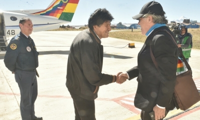  Evo Morales y Luis Almagro en el hangar presidencial de donde se dirigirán al Chapare en el departamento de Cochabamba/Foto. ABI