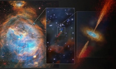 La estrella joven masiva crece y acumula materia de su entorno, formando un disco giratorio. | Fuente: European Southern Observatory