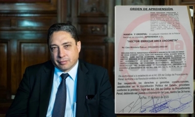 El exministro de Justicia, Héctor Arce y la orden de aprehensión en su contra. Foto: Agencias y Página Siete