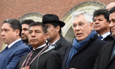 Declaración de Eduardo Rodríguez Veltzé al término de los alegatos orales de Chile. Foto: Cancillería Bolivia
