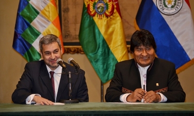 El presidente Evo Morales y el presidente electo de Paraguay Mario Abdo Benítez en declaración conjunta en Palacio de Gobierno. Foto: ABI