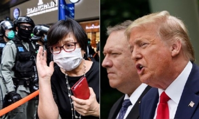 Izquierida: escena durante las nueva protestas en Hong Kong. Derecha: Donald Trump junto a su secretarios de Estados, Mike Pompeo.