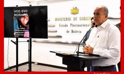 Llamada. El ministro Arturo Murillo difunde la grabación atribuida a Faustino Yucra y Evo Morales. Foto: APG