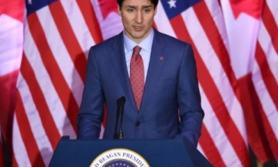 El Primer Ministro canadiense Justin Trudeau pronuncia un discurso en la Biblioteca y Museo Presidencial Ronald Reagan, el 9 de febrero de 2018
