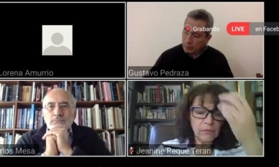 La conferencia de prensa virtual con la presencia de los candidatos de Comunidad Ciudadana, Carlos Mesa y Gustavo Pedraza. | Captura de pantalla
