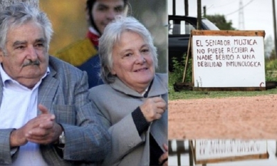 Izquierda: Luis Mujica y Lucía Topolansky, senadores uruguayos. Derecha: el cartel colocado afuera de su residencia. 