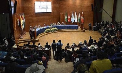 García Linera, entonces vicepresidente, da un discurso en la cumbre de justicia de 2016.