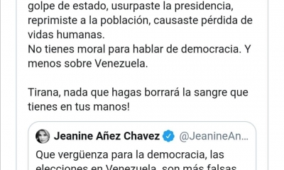 Captura de la respuesta en Twitter de Lucena a Áñez