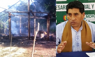 Una de las viviendas incendiadas presuntamente por colonos y campesinos avasalladores/Foto. Kandire.bo