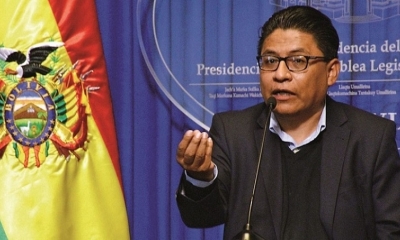 Iván Lima, ministro de Justicia, en una rueda de prensa. Foto:APG.