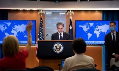 El secretario de Estado de EEUU, Antony Blinken, durante rueda de prensa. | AFP