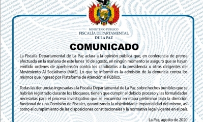 La Fiscalía Departamental de La Paz sobre hechos punibles que se habrían registrado durante los bloqueos tienen que cumplir el debido proceso 