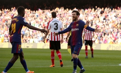 Messi celebra el segundo gol con el Barcelona. Foto: Internet