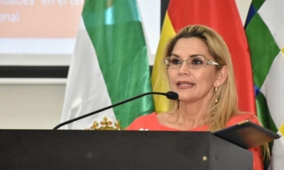 La presidenta Jeanine Áñez durante conferencia. | ABI