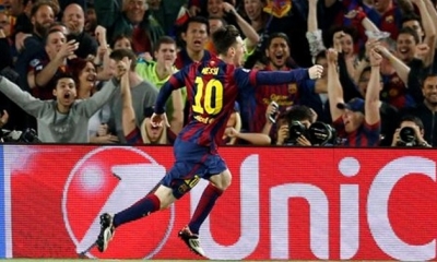 Messi celebra uno de sus goles con el club Barcelona