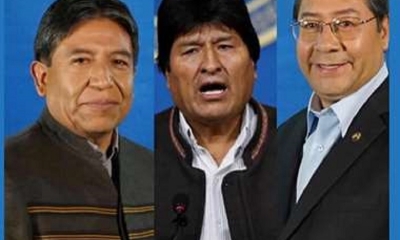 El expresidente Evo Morales, el vicepresidente David Choquehuaca y el presidente Luis Arce.