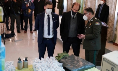 La presentación de los pertrechos hallados en la Policía de Bolivia. Foto: APG