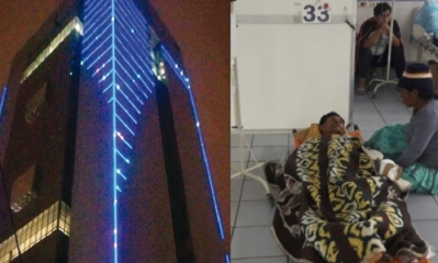 El nuevo Palacio de Gobierno de 28 pisos en la prueba de luces. Al lado, un paciente en el Hospital de Clínicas. Foto: ANF