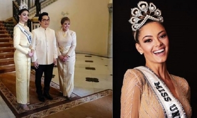 La actual Miss Universo Demi-Leigh Nel-Peters junto a las autoridades tailandesas. foto: EL DEBER