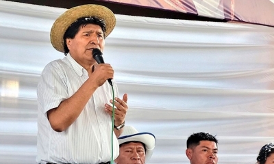 Evo Morales durante un acto en la población indígena de La Tapera, Warnes