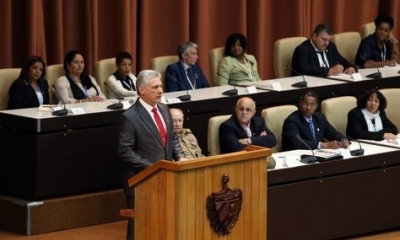El nuevo presidente de Cuba, Miguel Díaz-Canel pronuncia un discurso este jueves 19 de abril de 2018