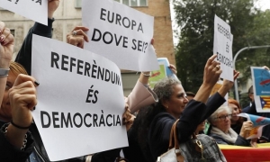 Manifestación el pasado día 2 de octubre de unos pocos simpatizantes de la Liga Norte en apoyo al referéndum catalán. AP