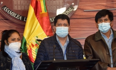 El jefe de bancada del MAS en el Senado, Luis Adolfo Flores, en rueda de prensa. Foto: Prensa Senado